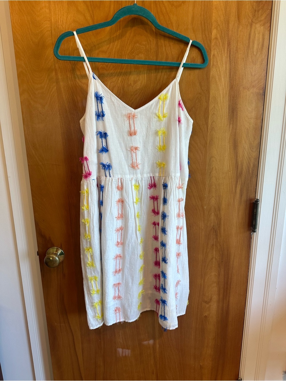 NWT White Loft Women’s V-Neck Spaghetti Strap Dress with Multicolor Embroidery